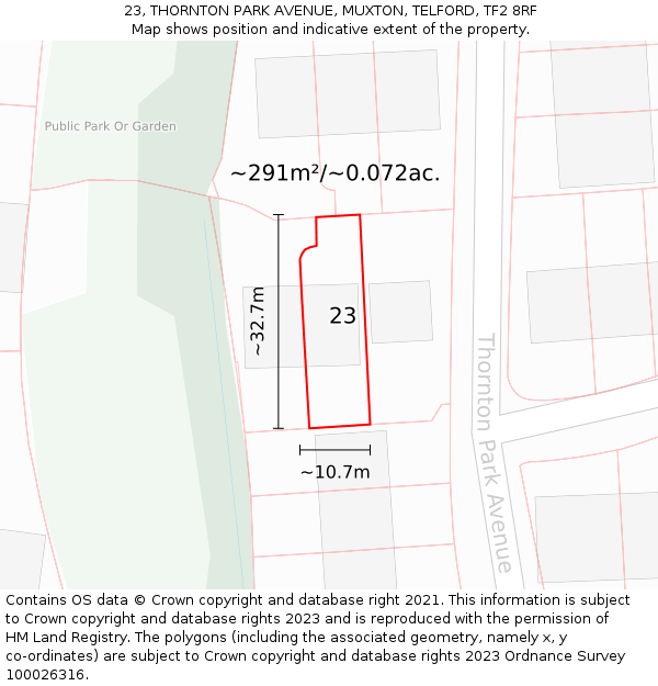 23, THORNTON PARK AVENUE, MUXTON, TELFORD, TF2 8RF: Plot and title map