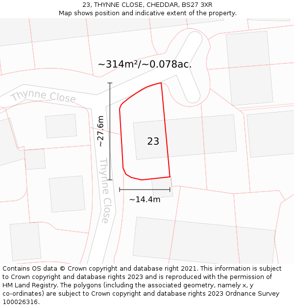 23, THYNNE CLOSE, CHEDDAR, BS27 3XR: Plot and title map