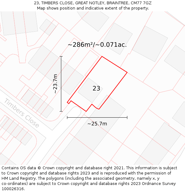 23, TIMBERS CLOSE, GREAT NOTLEY, BRAINTREE, CM77 7GZ: Plot and title map