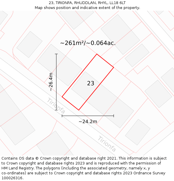 23, TIRIONFA, RHUDDLAN, RHYL, LL18 6LT: Plot and title map