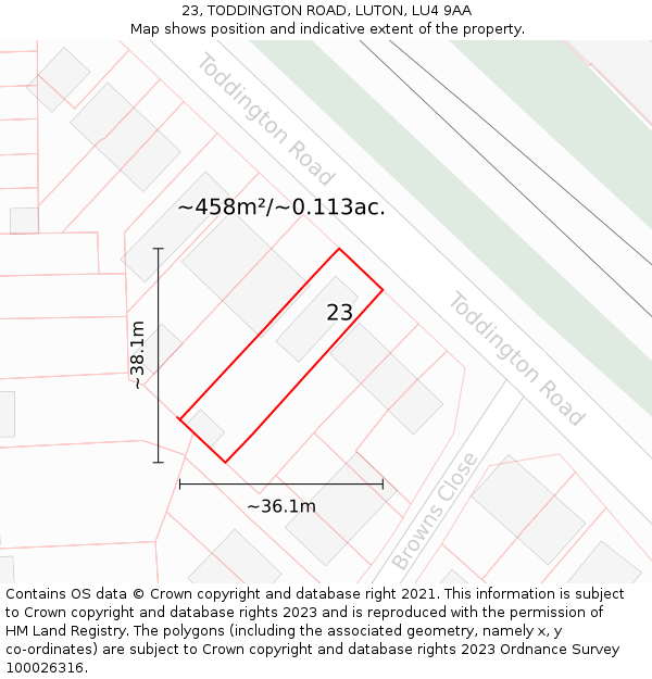 23, TODDINGTON ROAD, LUTON, LU4 9AA: Plot and title map