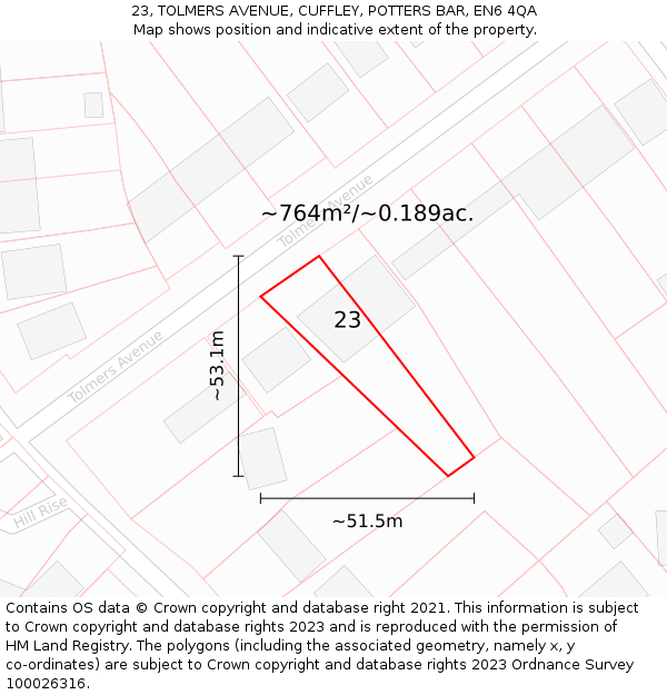 23, TOLMERS AVENUE, CUFFLEY, POTTERS BAR, EN6 4QA: Plot and title map