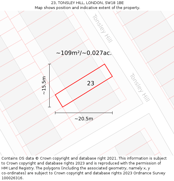 23, TONSLEY HILL, LONDON, SW18 1BE: Plot and title map