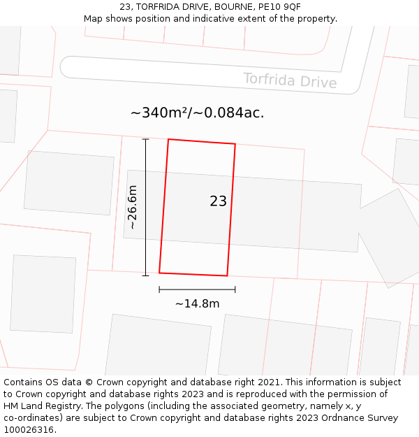 23, TORFRIDA DRIVE, BOURNE, PE10 9QF: Plot and title map