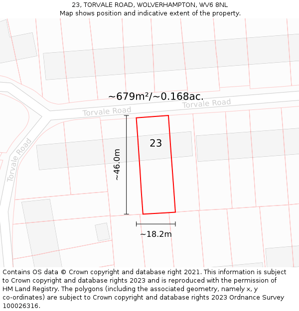 23, TORVALE ROAD, WOLVERHAMPTON, WV6 8NL: Plot and title map