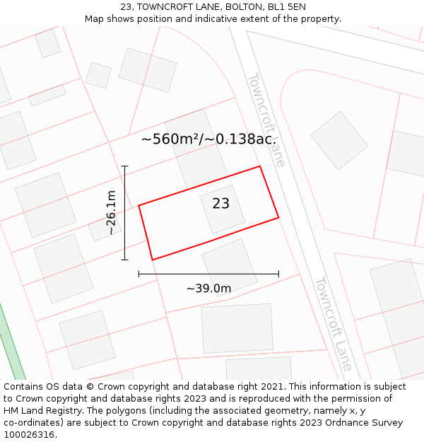 23, TOWNCROFT LANE, BOLTON, BL1 5EN: Plot and title map