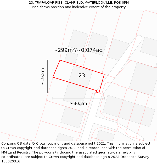 23, TRAFALGAR RISE, CLANFIELD, WATERLOOVILLE, PO8 0PN: Plot and title map