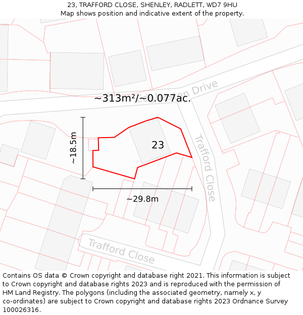 23, TRAFFORD CLOSE, SHENLEY, RADLETT, WD7 9HU: Plot and title map