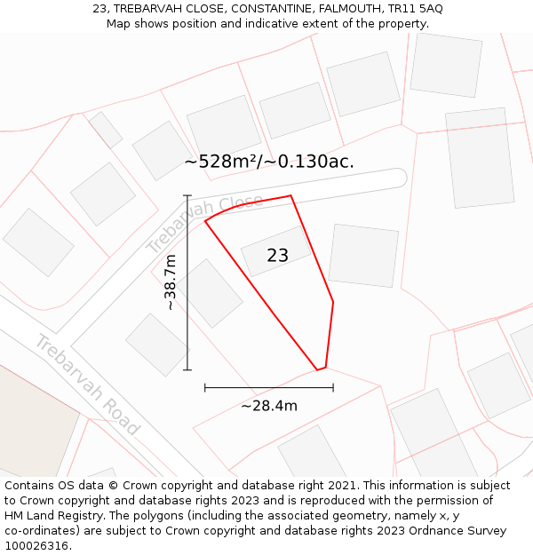 23, TREBARVAH CLOSE, CONSTANTINE, FALMOUTH, TR11 5AQ: Plot and title map