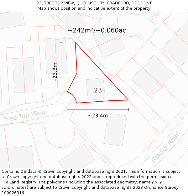 23, TREE TOP VIEW, QUEENSBURY, BRADFORD, BD13 1NT: Plot and title map