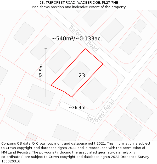 23, TREFOREST ROAD, WADEBRIDGE, PL27 7HE: Plot and title map