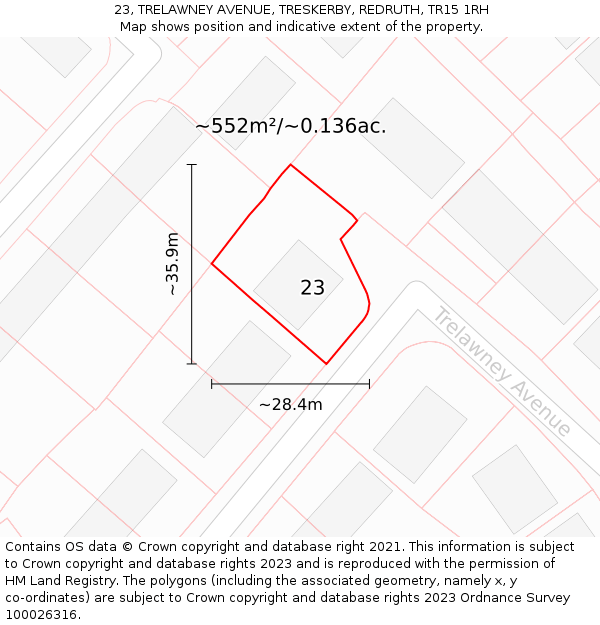 23, TRELAWNEY AVENUE, TRESKERBY, REDRUTH, TR15 1RH: Plot and title map