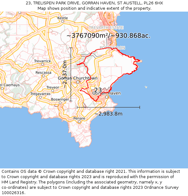 23, TRELISPEN PARK DRIVE, GORRAN HAVEN, ST AUSTELL, PL26 6HX: Plot and title map