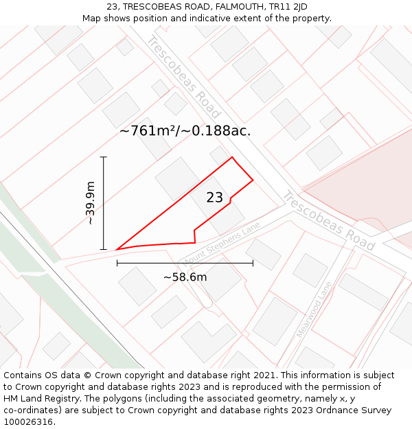 23, TRESCOBEAS ROAD, FALMOUTH, TR11 2JD: Plot and title map