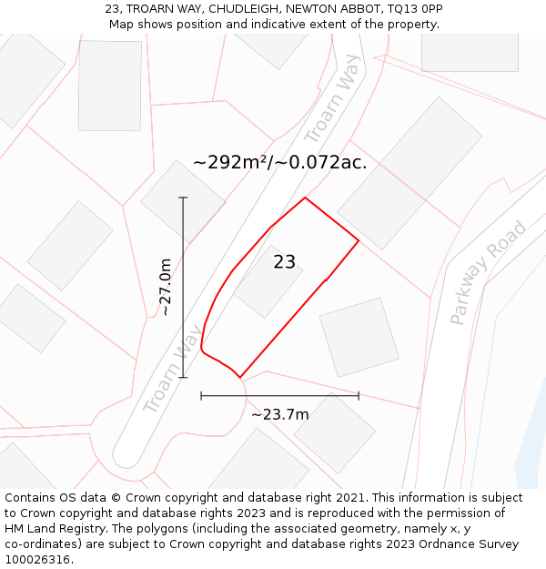 23, TROARN WAY, CHUDLEIGH, NEWTON ABBOT, TQ13 0PP: Plot and title map