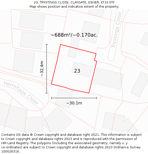 23, TRYSTINGS CLOSE, CLAYGATE, ESHER, KT10 0TF: Plot and title map