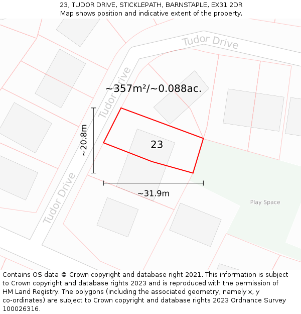 23, TUDOR DRIVE, STICKLEPATH, BARNSTAPLE, EX31 2DR: Plot and title map