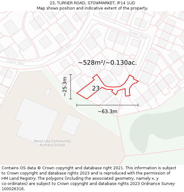 23, TURNER ROAD, STOWMARKET, IP14 1UD: Plot and title map