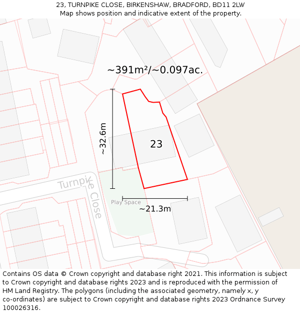23, TURNPIKE CLOSE, BIRKENSHAW, BRADFORD, BD11 2LW: Plot and title map