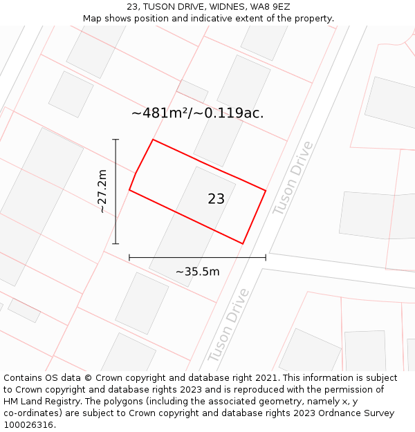 23, TUSON DRIVE, WIDNES, WA8 9EZ: Plot and title map