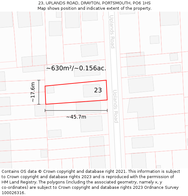 23, UPLANDS ROAD, DRAYTON, PORTSMOUTH, PO6 1HS: Plot and title map