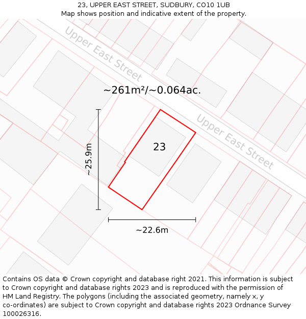 23, UPPER EAST STREET, SUDBURY, CO10 1UB: Plot and title map