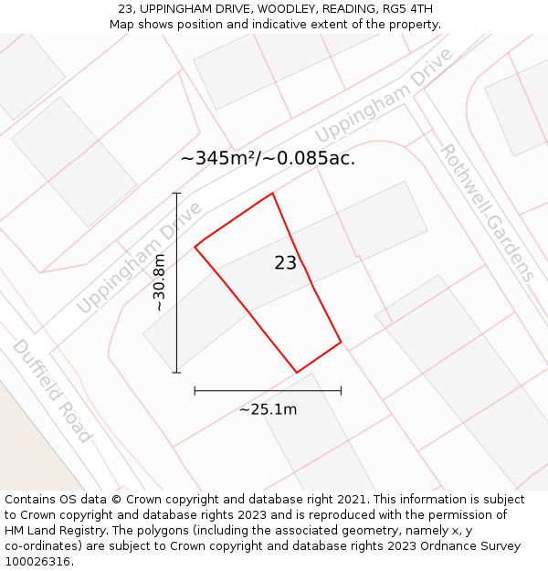23, UPPINGHAM DRIVE, WOODLEY, READING, RG5 4TH: Plot and title map