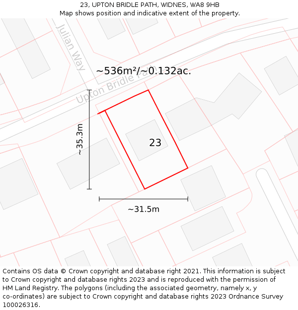 23, UPTON BRIDLE PATH, WIDNES, WA8 9HB: Plot and title map