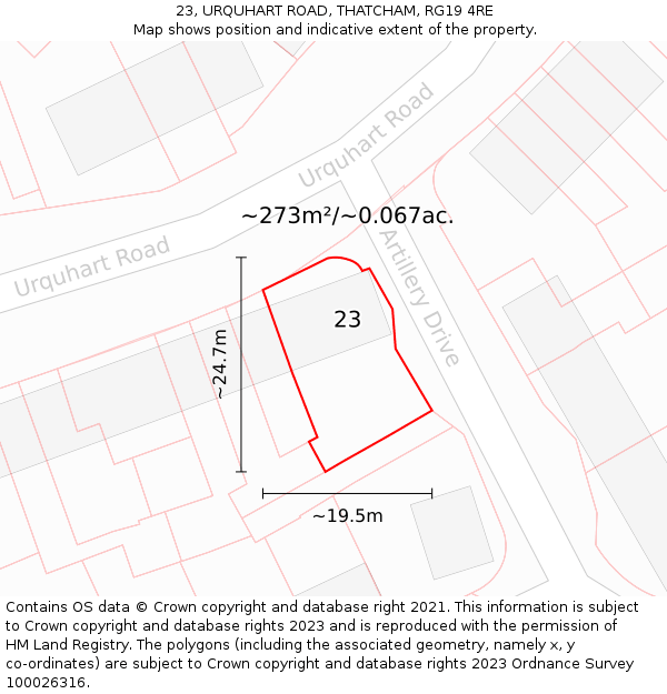 23, URQUHART ROAD, THATCHAM, RG19 4RE: Plot and title map