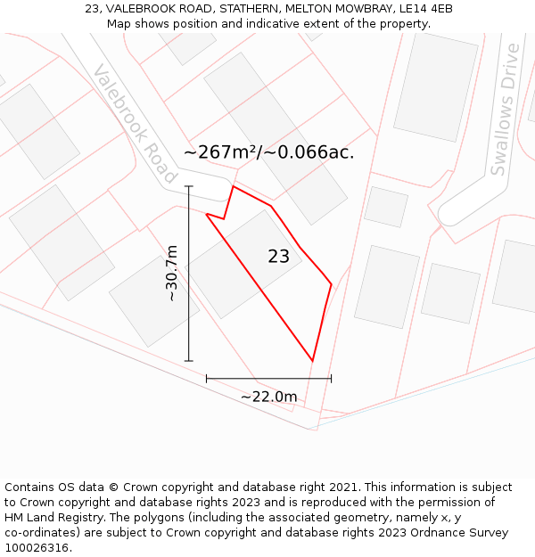 23, VALEBROOK ROAD, STATHERN, MELTON MOWBRAY, LE14 4EB: Plot and title map