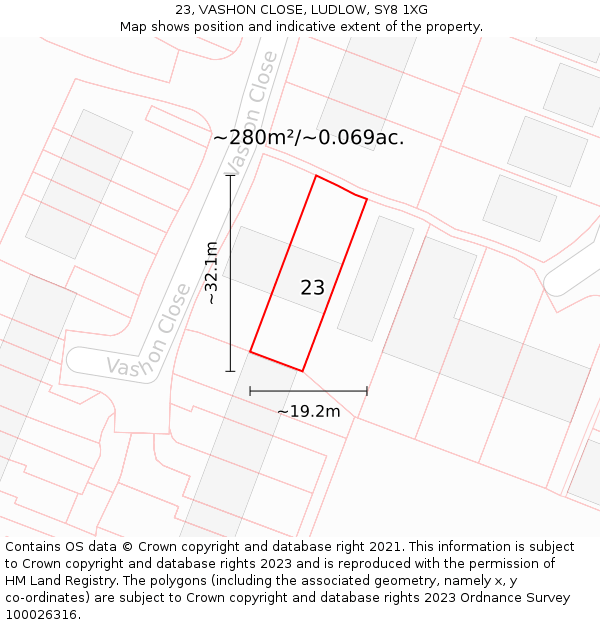 23, VASHON CLOSE, LUDLOW, SY8 1XG: Plot and title map