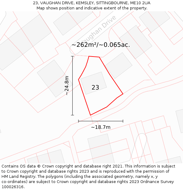 23, VAUGHAN DRIVE, KEMSLEY, SITTINGBOURNE, ME10 2UA: Plot and title map