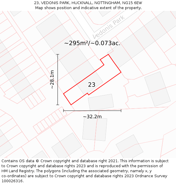 23, VEDONIS PARK, HUCKNALL, NOTTINGHAM, NG15 6EW: Plot and title map