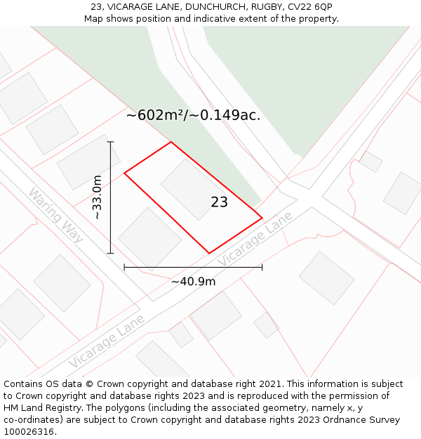 23, VICARAGE LANE, DUNCHURCH, RUGBY, CV22 6QP: Plot and title map