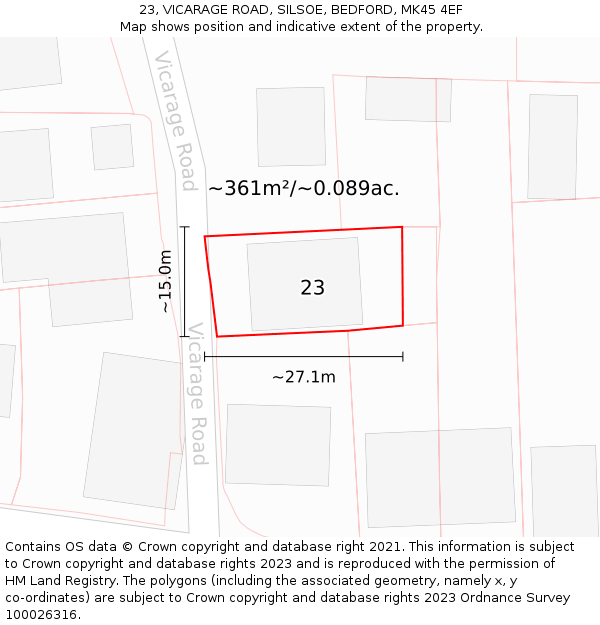 23, VICARAGE ROAD, SILSOE, BEDFORD, MK45 4EF: Plot and title map