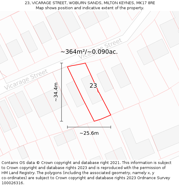 23, VICARAGE STREET, WOBURN SANDS, MILTON KEYNES, MK17 8RE: Plot and title map