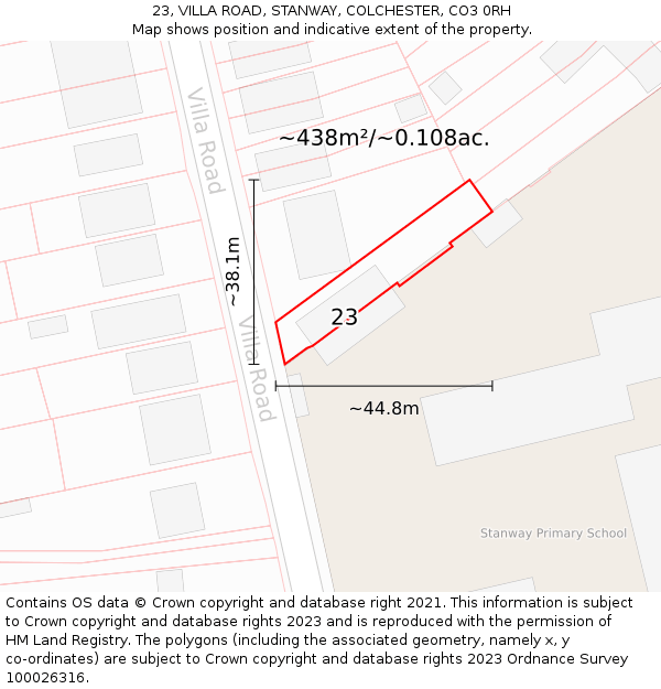 23, VILLA ROAD, STANWAY, COLCHESTER, CO3 0RH: Plot and title map