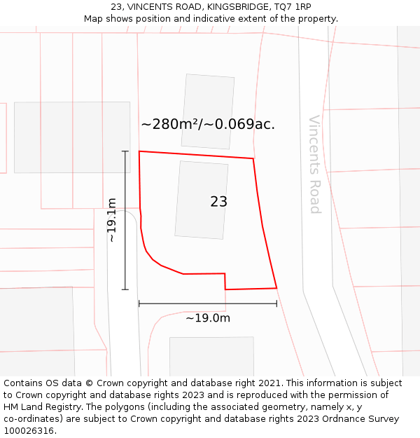 23, VINCENTS ROAD, KINGSBRIDGE, TQ7 1RP: Plot and title map