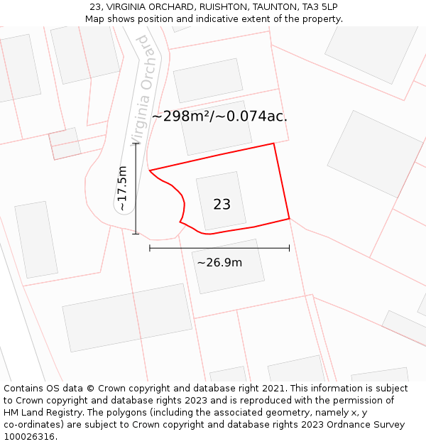 23, VIRGINIA ORCHARD, RUISHTON, TAUNTON, TA3 5LP: Plot and title map