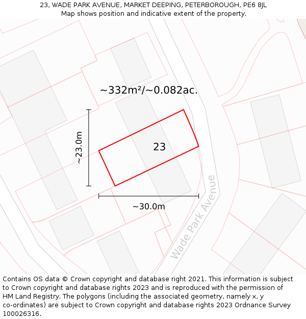 23, WADE PARK AVENUE, MARKET DEEPING, PETERBOROUGH, PE6 8JL: Plot and title map