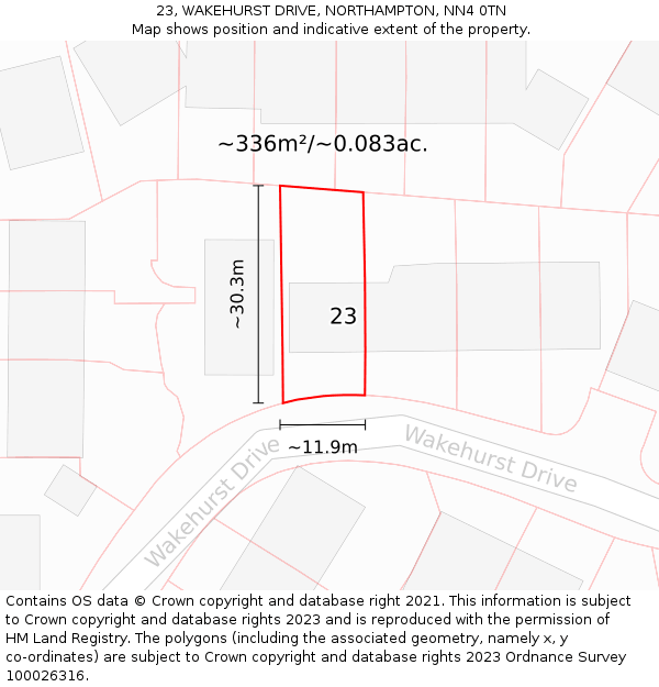 23, WAKEHURST DRIVE, NORTHAMPTON, NN4 0TN: Plot and title map