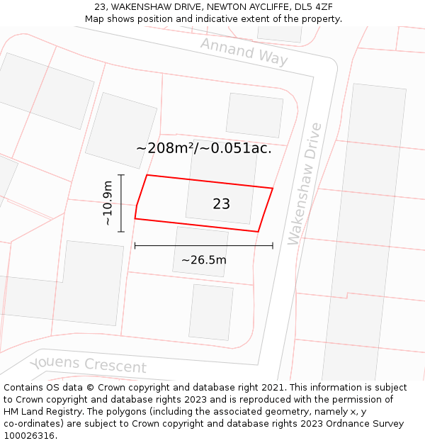 23, WAKENSHAW DRIVE, NEWTON AYCLIFFE, DL5 4ZF: Plot and title map