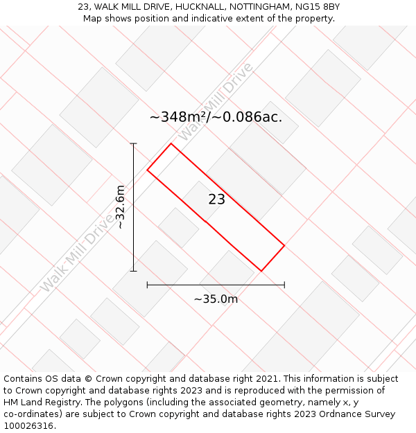 23, WALK MILL DRIVE, HUCKNALL, NOTTINGHAM, NG15 8BY: Plot and title map