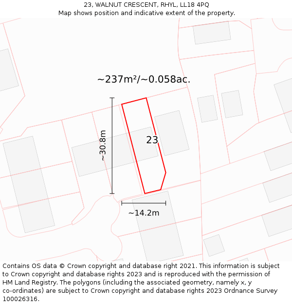 23, WALNUT CRESCENT, RHYL, LL18 4PQ: Plot and title map