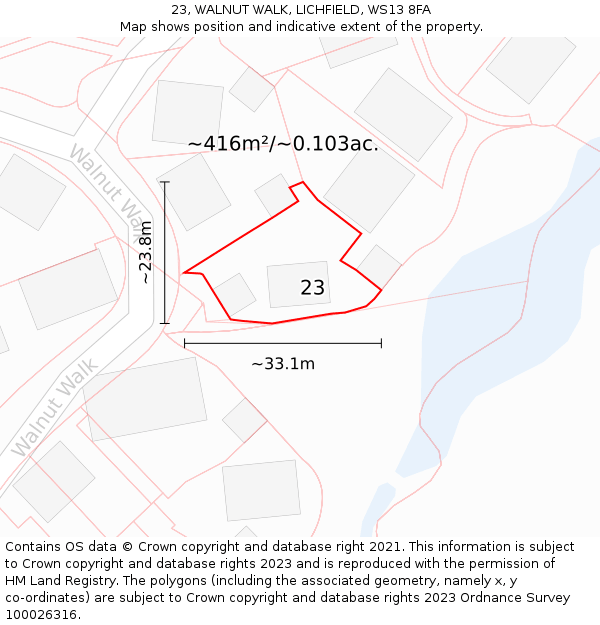 23, WALNUT WALK, LICHFIELD, WS13 8FA: Plot and title map