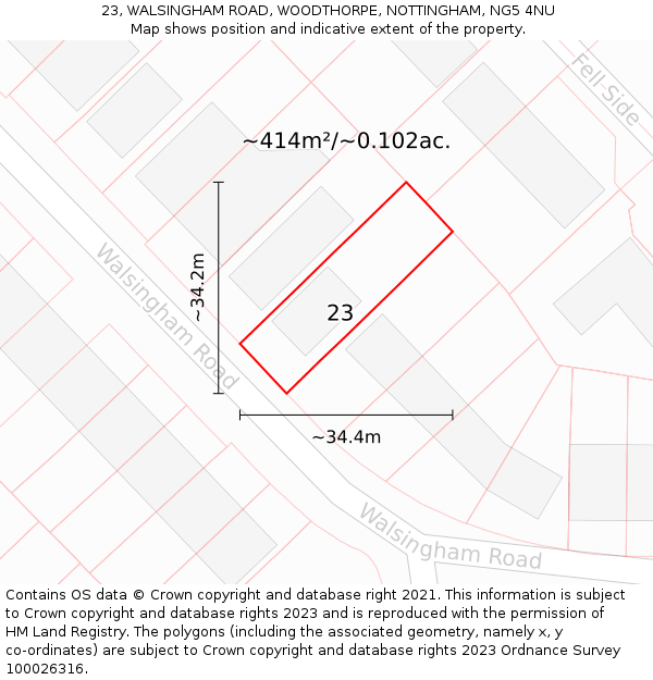 23, WALSINGHAM ROAD, WOODTHORPE, NOTTINGHAM, NG5 4NU: Plot and title map