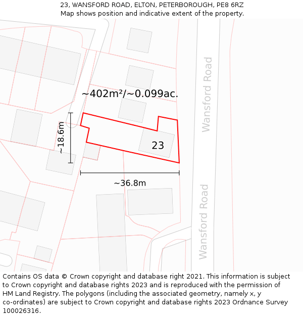 23, WANSFORD ROAD, ELTON, PETERBOROUGH, PE8 6RZ: Plot and title map