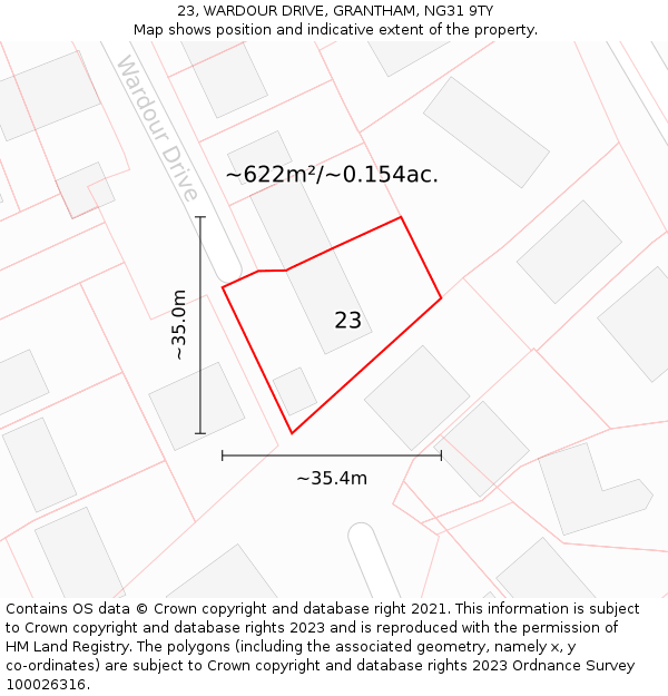 23, WARDOUR DRIVE, GRANTHAM, NG31 9TY: Plot and title map