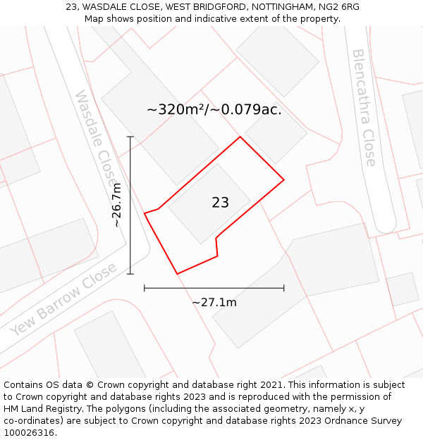 23, WASDALE CLOSE, WEST BRIDGFORD, NOTTINGHAM, NG2 6RG: Plot and title map