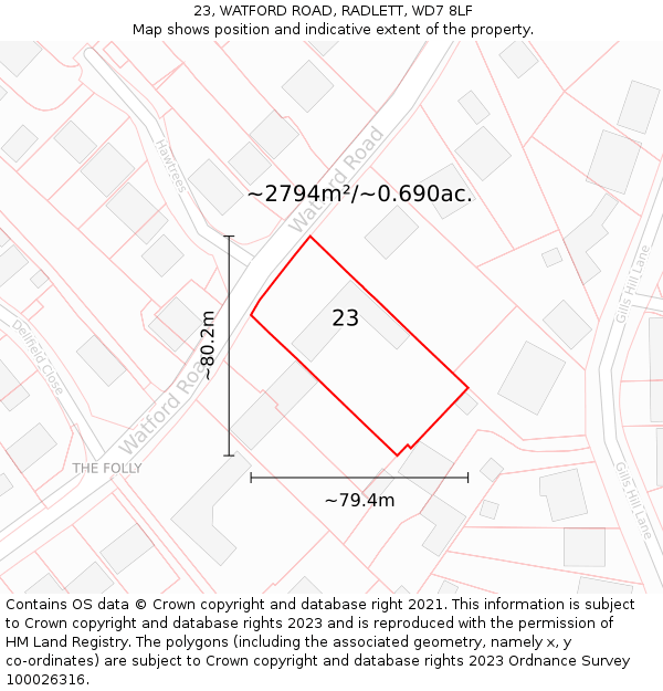 23, WATFORD ROAD, RADLETT, WD7 8LF: Plot and title map